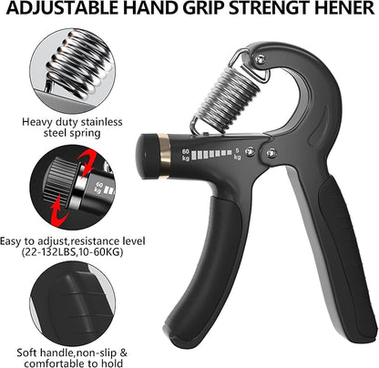 Hand Grip Strengthener Kit with Wrist Strengthener - Ultimate Hand Exerciser Set for Forearm Workout, Adjustable Grip Strength Trainer, Stress Relief Ball, Exercise Ring, Training and Recovery (Frosted Black)