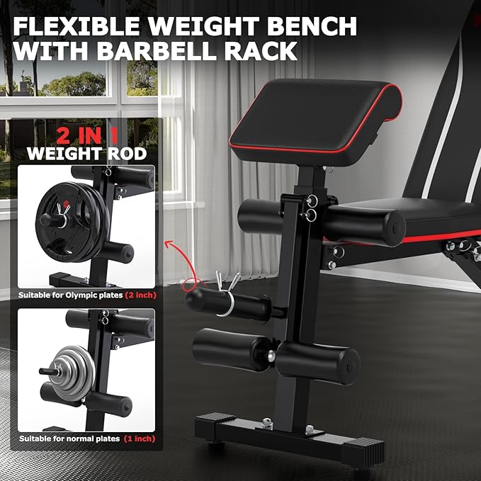 Adjustable Weight Bench, Bench Press with Leg Extension & Preacher Pad,Foldable Workout Bench for Home Gym, Incline Benches with Extra Headrest, Sit Up Benches for Home,Strength Training Exercise Bench for Full Body 800LBS