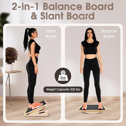 2-in-1 Professional Wooden Balance Board & Slant Board, Four Adjustable Incline Board and Calf Stretcher, Stretch Board for Knees Ankle Heel Feet Leg