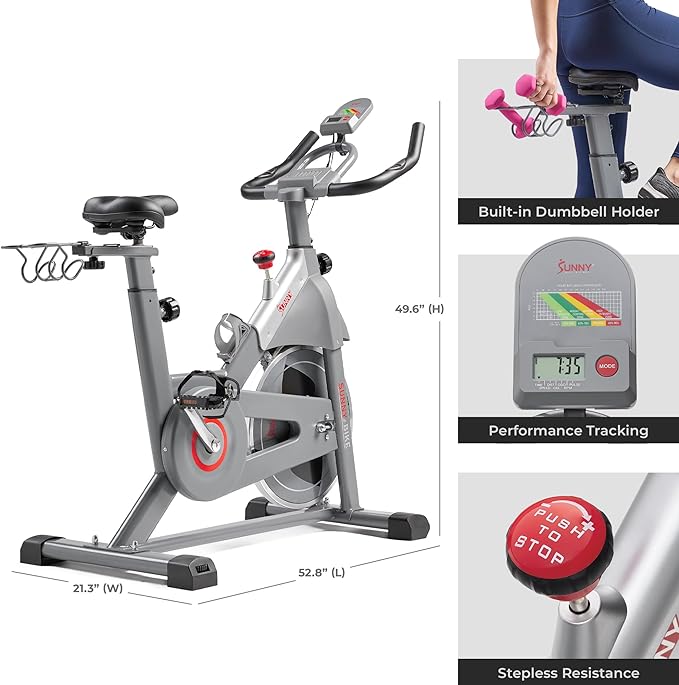 Sunny Health & Fitness Heavy-Duty Indoor Stationary Exercise Bike, 4-Way Adjustable Seat for Cycling Cardio workout at Home, Optional 49 LB Flywheel & Exclusive SunnyFit App Enhanced Bluetooth Link