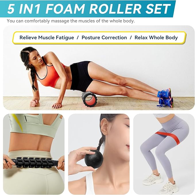 5 in1 Foam Roller Set, High Density Deep Tissue Massager for Muscle Massage, Massage Roller, Massage Ball, Resistance Band for Whole Body Physical Therapy Deep Muscle Massage (Purple)