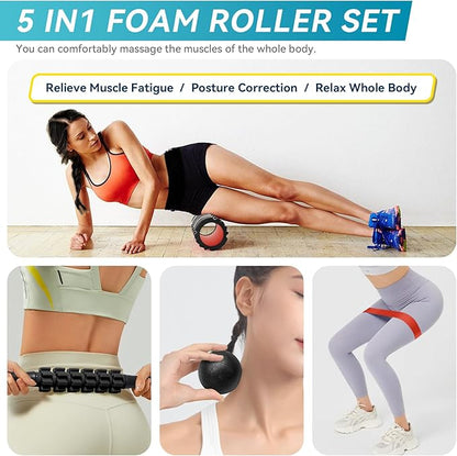 5 in1 Foam Roller Set for Deep Tissue Muscle Massage, High Density Fitness Exercise Foam Roller, Massage Roller, Massage Ball, Resistance Band, for Whole Body (Black)