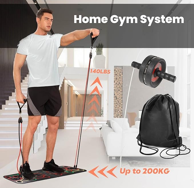 Wavar Portable Home Gym System: Large Compact Push Up Board, Pilates Bar & Fitness Accessories with Resistance Bands Ab Roller Wheel - Full Body Workout Set for Men and Women Gift