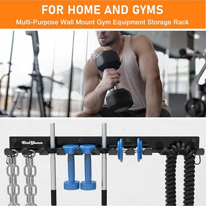 Home Gym Storage Rack - Multi-Purpose Heavy Duty Gym Rack Organizer, Wall Mount Barbell Rack Gym Equipment Hanger for Olympic Barbells, Resistance Bands, Jump Ropes, Row Handles, etc. (26", 12 Hook)