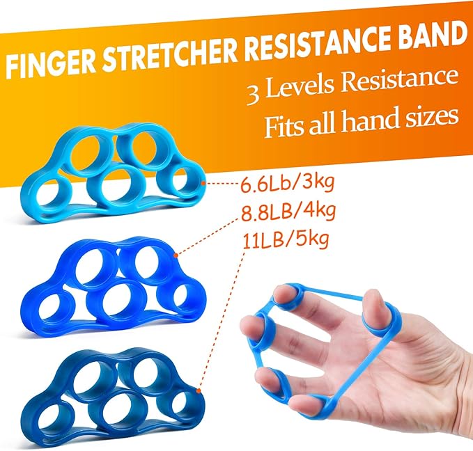 Grip Strength Trainer 7 Pack Adjustable Hand Gripper, Finger Stretcher Resistance Extensor Bands, Finger Exerciser, Grip Strength Ring & Stress Ball, Hand Grip Strengthener, Black