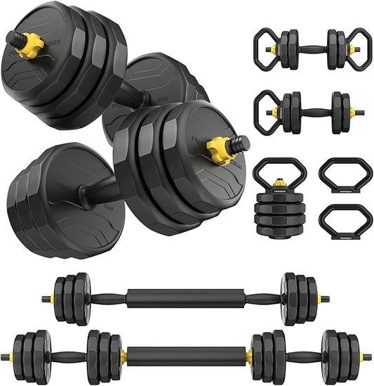 FEIERDUN Adjustable Dumbbells, 20/30/40/50/60/70/90lbs Free Weight Set with Connector, 4 in1 Dumbbells Set Used as Barbell, Kettlebells, Push up Stand, Fitness Exercises for Home Gym Suitable Men/Women