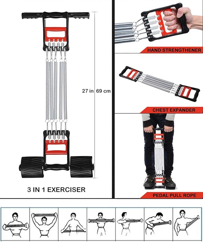 KAILIMENG 3 in 1 Exerciser - Spring Chest Expander, Hand Grip Strengthener, Pedal Pull Rope Band - Home Fitness Equipment with 5 Metal Springs for Finger Abdomen Waist Arm Stretching Slimming Training