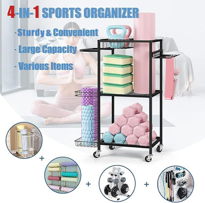 LIANTRAL Dumbbell Rack, Yoga Mat Storage Rack, Workout Equipment Storage Rack for Dumbbells Kettlebells Yoga Mat and Balls, Home Gym Storage Organizer with Hooks and Wheels