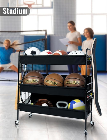 StorageWorks Garage Sports Equipment Organizer with Hooks, Ball Rack Organizer with Wheels, 3-Shelf Ball Rack for Basketball, Football, Volleyball, Large