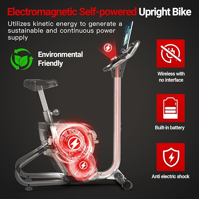 HARISON Electromagnetic Self-powered Upright Exercise Bike, 2 in 1 LED Display for Resistance Control and Data Record, 350 LBS Capacity Stationary Bike for Home with Bluetooth, 32-Level Resistance