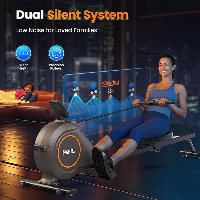 Niceday Magnetic Rowing Machine, Quiet Rowing Machines for Home with 350lb Weight Capacity, 16 Levels Adjustable Resistance, Foldable Rower with Tablet Holder, Bluetooth&App Compatible