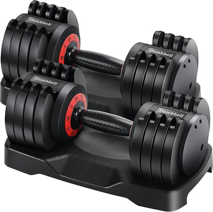 Rengue Adjustable Dumbbells, 25 Lb Dumbbells Set of 2, Fast Adjustment Weight Dumbbell by Turning Anti-slip Handle, Exercises Dumbbells with Tray for Men and Women in Home Gym