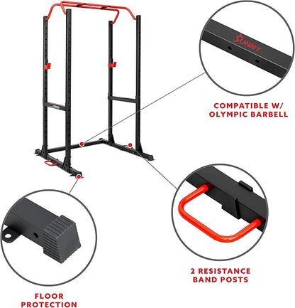 Sunny Health & Fitness Power and Squat Rack with High Weight Capacity Optional Olympic Weight Plate Storage, 360° Swivel Landmine, Power Band Attachment