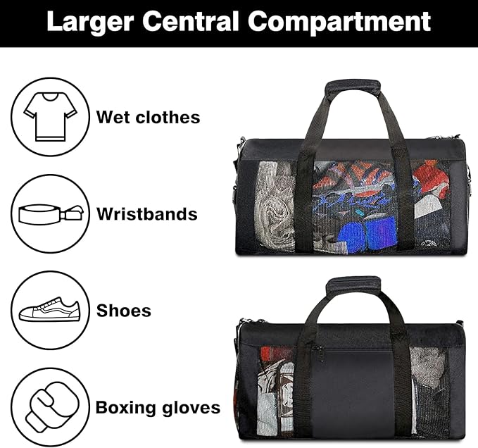 Boxing Gym Bag, WITSTEP Mesh Boxing Duffle Bag with Detachable Shoulder Strap Breathable Gym Duffle Bag for Sweaty Clothes and Equipment, Sturdy Wrestling Karate MMA Workout Bag for Men Women