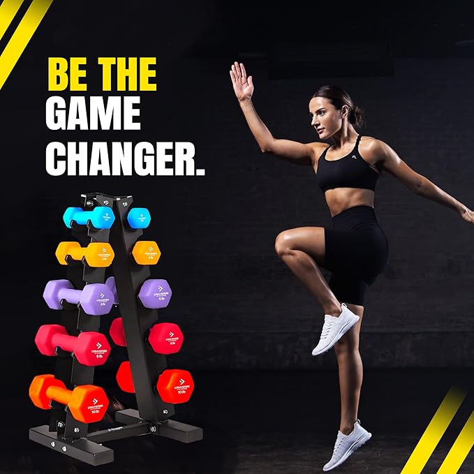 Neoprene Workout Dumbbells Weights - Non Slip, Anti Roll Exercise & Fitness Dumbbells Combo With Rack - Hex Shaped Hand weights for Men & Women - Ideal for Home and Gyms training