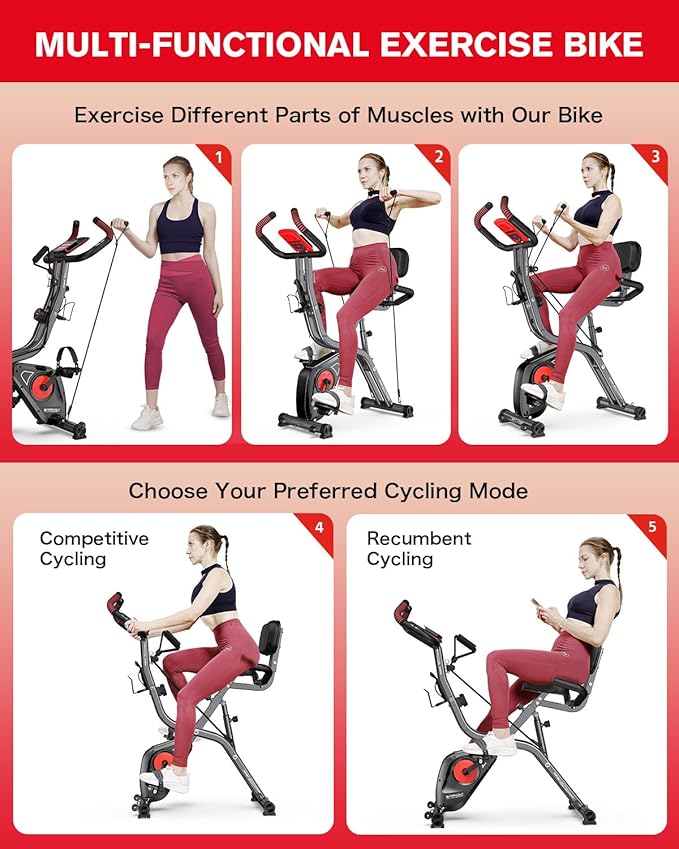 pooboo Folding Exercise Bike, Foldable Fitness Stationary Bike Machine, Upright Indoor Cycling Bike, Magnetic X-Bike with 8-Level Adjustable Resistance, Bottle Holder & Back Support Cushion for Home Gym Workout