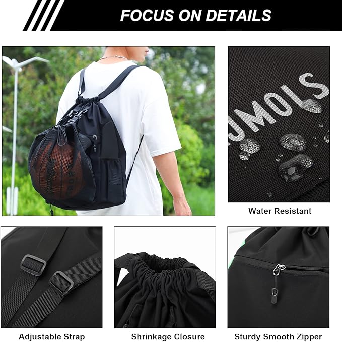 Drawstring Backpack 1 Pack Basketball Gym Bag with Hidden Folding Ball Mesh Bag Sport Equipment Bag for Soccer Volleyball Baseball Softball Football Yoga (Black)