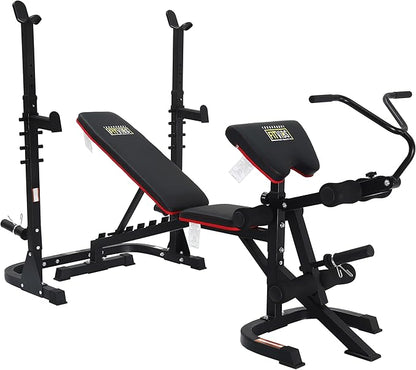 Signature Fitness Multifunctional Workout Station Adjustable Workout Bench with Squat Rack, Leg Extension, Preacher Curl, and Weight Storage, 800-Pound Capacity