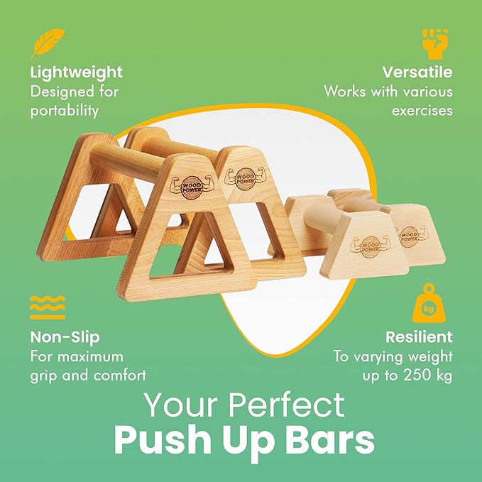 WOODPOWER® - PowerBars, Wooden Parallettes Push Up Bars, Joint-Friendly Beech Wood Calisthenics Equipment for Home, Durable Handstand Trainer Push Up Handles for Floors, XL