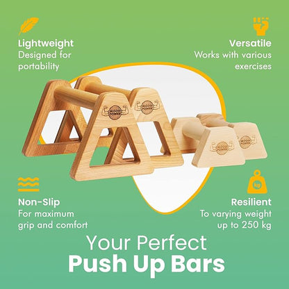 WOODPOWER® - PowerBars, Wooden Parallettes Push Up Bars, Joint-Friendly Beech Wood Calisthenics Equipment for Home, Durable Handstand Trainer Push Up Handles for Floors, XL