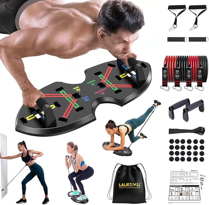 LALAHIGH Upgraded Push Up Board: Multi-Functional 20 in 1 Bar with Resistance Bands, Portable Home Gym, Strength Training Equipment, Handles for Perfect Pushups, Fitness Men and Women