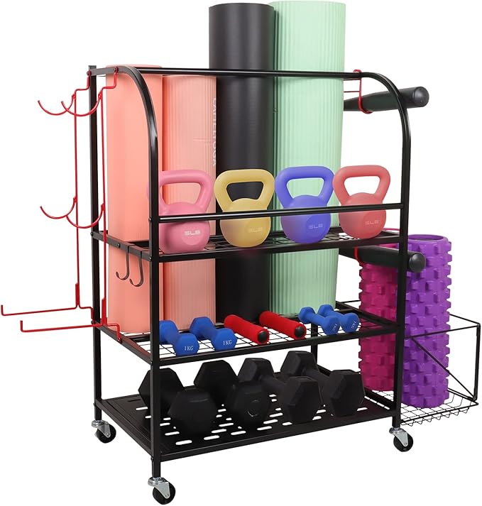 Weight Rack for Dumbbells, Yoga Mat Holder Dummbbells Rack for Kettlebells Foam Rollers and More Gym Accessories, Home Gym Equipment Storage Organizer with Wheels and Basket