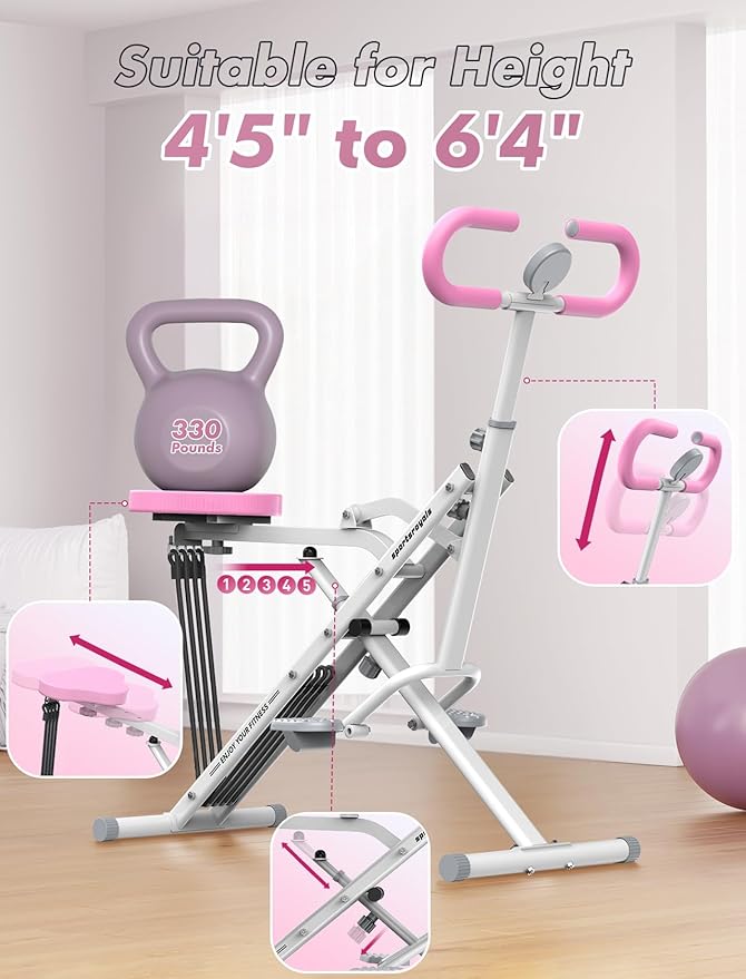 Sportsroyals Pink Squat Machine for Home,Rodeo Core Exercise Machine,330lbs Foldable,Adjustable 4 Resistance Bands,Ride & Rowing Machine for Botty Glutes Butt Thighs,Ab Back/Leg Press Hip Thrust…