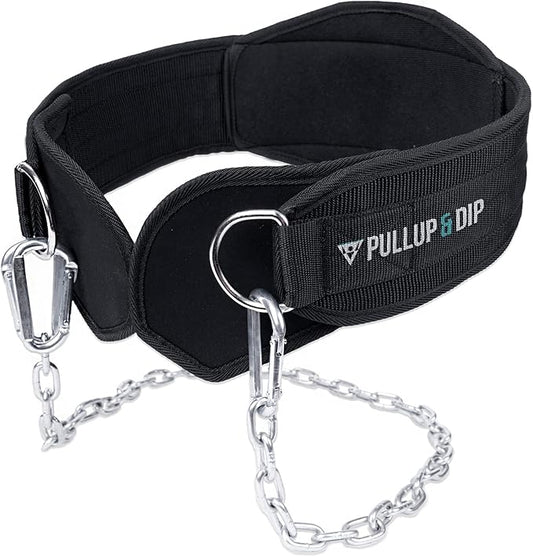 PULLUP & DIP Belt with Chain and 3x Carabiner, Dip Belt incl. Neoprene Flaps as Clothing Protection, Weightlifting Belt, Weighted Belt, Pull-Up Belt for Calisthenics, Weight Training, Bodybuilding