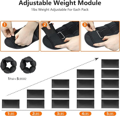 FEIERDUN Adjustable Ankle Weights for Women and Men, One Pair of 2,4,6,8,10 LBS Modular Leg Weights with Yoga, Walking, Running, Gym