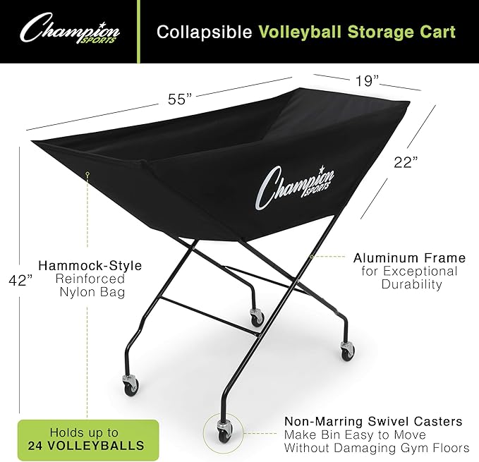 Champion Sports Volleyball Cart with Wheels, Holds up to 24 Balls - Collapsible, Portable Ball Storage with Sturdy Aluminum Frame, Hammock Style Bag - Premium Volleyball Equipment and Accessories , Black