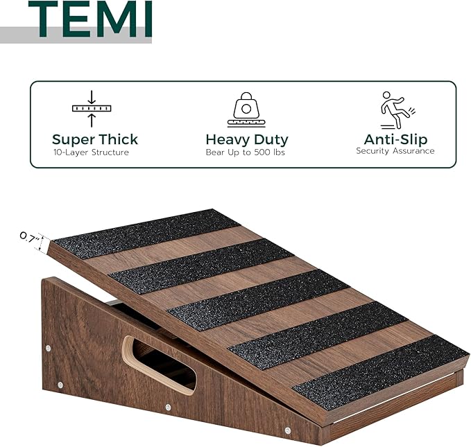 TEMI Calf Stretcher Slant Board - Professional Incline Boards for Calf Stretching Heavy Duty, Adjustable Wooden Stretch Wedge Board for Foot Ankle and Calf Stretching Exercise Teak Finished