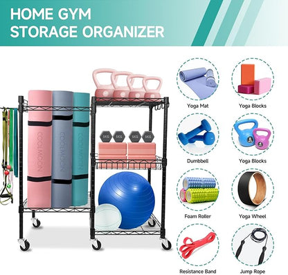 COOLMOON Home Gym Storage Rack, Yoga Mat Storage Rack, Gym Equipment Storage for Yoga Mats, Foam Roller, Dumbbells, Kettlebells and Resistance Bands, Workout Equipment Organizer with Wheels