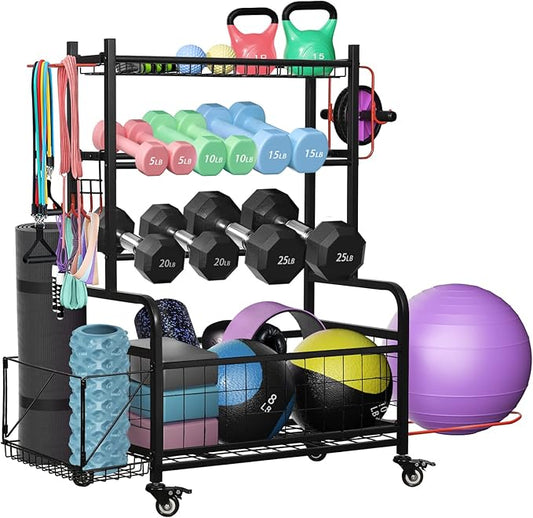 Weight Rack for Dumbbells, Dumbbell Rack Home Gym Storage Stand for Yoga Mat Kettlebells and Strength Training Fitness Equipment, Weight Holder Rack for Dumbbells with Wheels