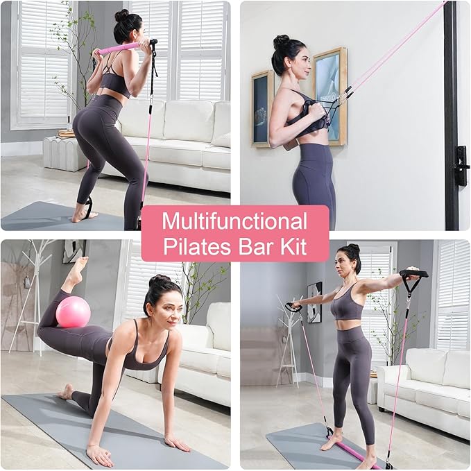 Pilates Bar Kit with Resistance Bands, Multifunctional Pilates Equipment with Pilates Ball, 2 in 1 Handles & Door Anchor, Portable Pilates Bar for Women Home Gym Yoga Workouts