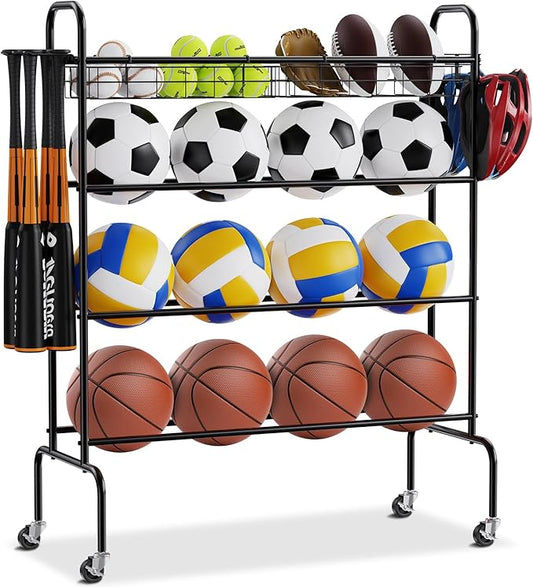 VEVOR Basketball Rack, 4-Layers Rolling Basketball Shooting Training Stand, Sports Equipment Storage Organizer with Wheels, Hooks and Baskets, Garage Ball Storage Holder for Football Soccer Volleyball