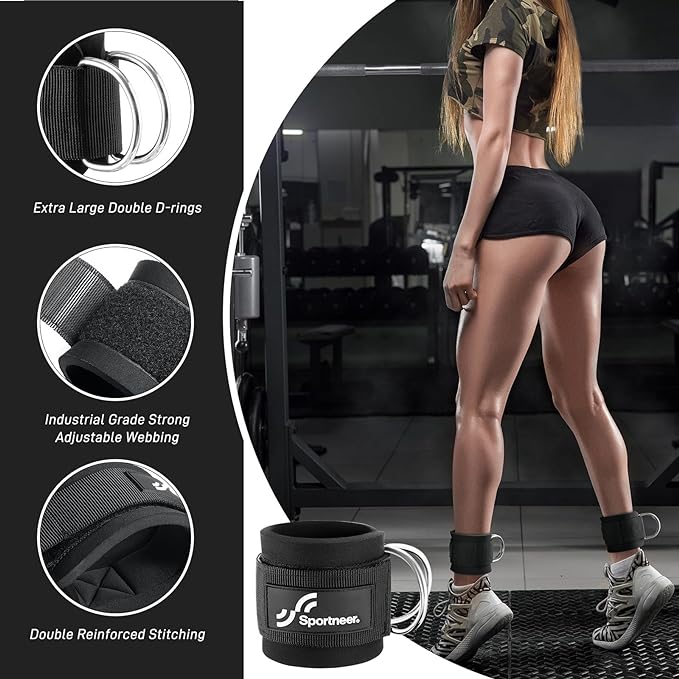 Sportneer Ankle Strap for Cable Machine: Adjustable Ankle Straps (Pair) for Leg Extensions, Booty Hip Abductors, Kickbacks, Glute Workouts in Home and Gym