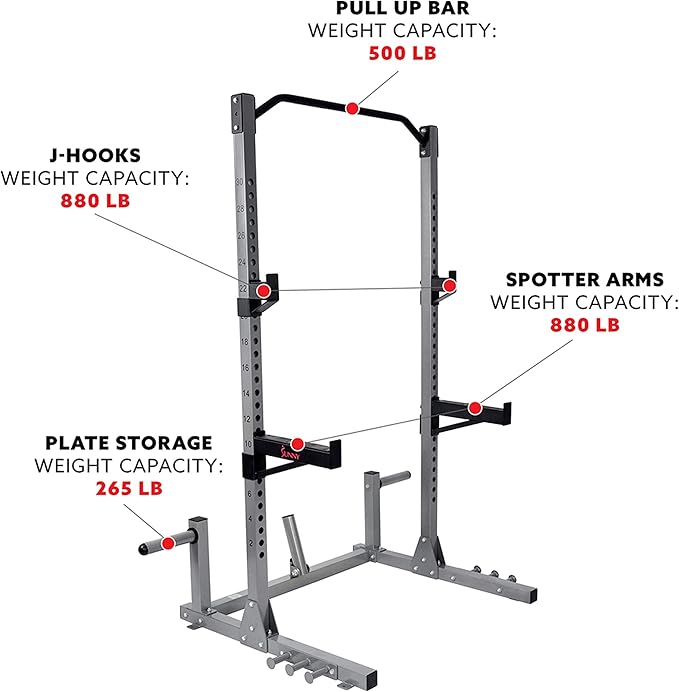 Sunny Health & Fitness Power and Squat Rack with High Weight Capacity Optional Olympic Weight Plate Storage, 360° Swivel Landmine, Power Band Attachment