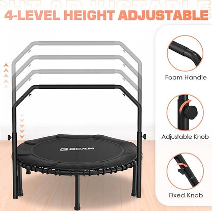 BCAN 450/550 LBS Foldable Mini Trampoline, 40"/48"/50" Fitness Trampoline with Bungees, U/T Shape Adjustable Foam Handle, Stable & Quiet Exercise Rebounder for Kids Adults Indoor/Garden Workout