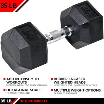 JFIT Rubber Hex Dumbbells - 8 Size Options - Hex Shaped Heads Prevent Rolling and Injury - Ergonomic Hand Weights for Exercise, Muscle, Strength and Weight Training