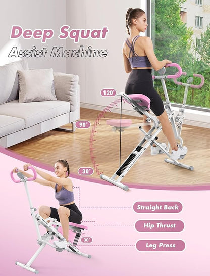 Sportsroyals Pink Squat Machine for Home,Rodeo Core Exercise Machine,330lbs Foldable,Adjustable 4 Resistance Bands,Ride & Rowing Machine for Botty Glutes Butt Thighs,Ab Back/Leg Press Hip Thrust…