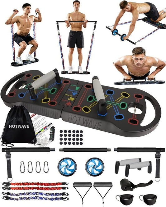 HOTWAVE Portable Exercise Equipment with 16 Gym Accessories.20 in 1 Push Up Board Fitness,Resistance Bands with Ab Roller Wheel,Full Body Workout at Home