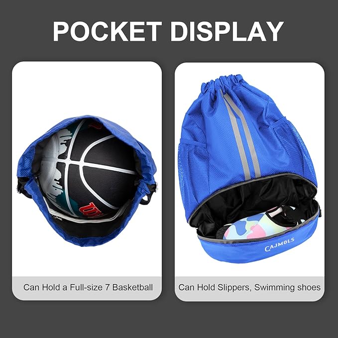 Drawstring Backpack with Ball Compartment Water Resistant Sport Equipment Bag for Soccer Volleyball Baseball Softball Football Yoga Swimming (Q-Blue)