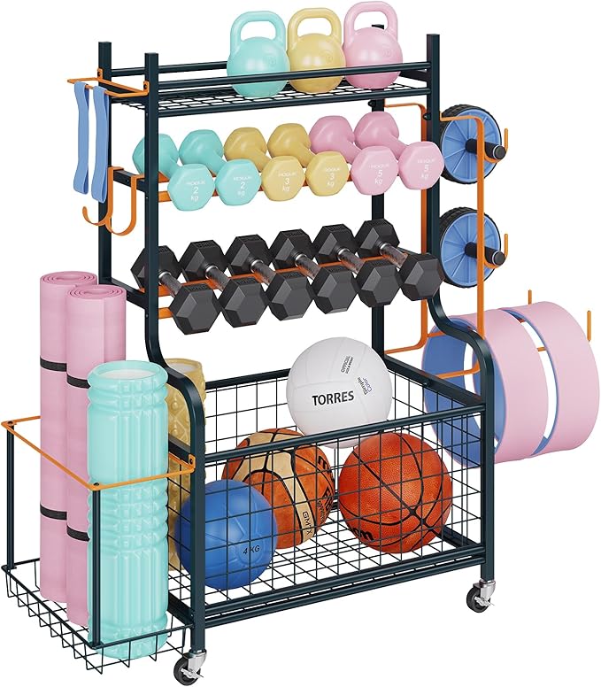 Weight Rack for Dumbbells, Yoga Mat Storage Rack Home Gym Equipment Storage Rack Cart for Dumbbells Kettlebells Yoga Mat, All in One Workout Equipment Storage Organizer Cart with Wheels and Hooks