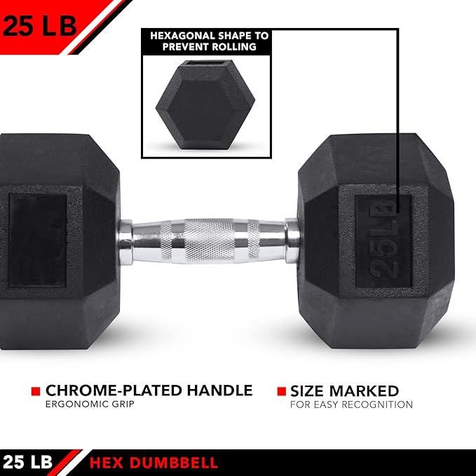 JFIT Rubber Hex Dumbbell - 15 Size, Single and Pair Options, 4-50lbs - Shaped Heads Prevent Rolling and Injury - Ergonomic Hand Weights for Exercise, Therapy, Muscle, Strength and Weight Training