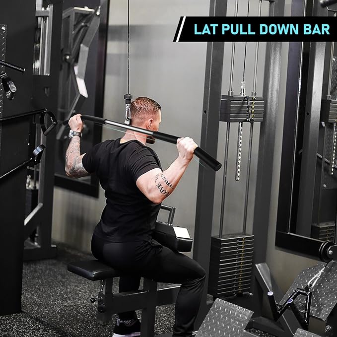 LAT Pull Down Bar, Detachable LAT Pulldown Attachment with Swivel Joint Wide Grip LAT Pulldown Bar for Cable Machine Home Gym Accessories, Muscle Training