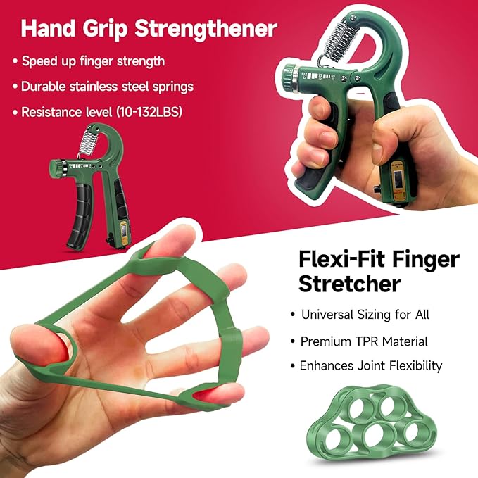 FitBeast Hand Grip Strengthener Workout Kit (5 Pack), 2 Forearm Grip Adjustable Resistance Hand Gripper, Finger Stretcher, Grip Ring & Stress Relief Grip Ball for Athletes