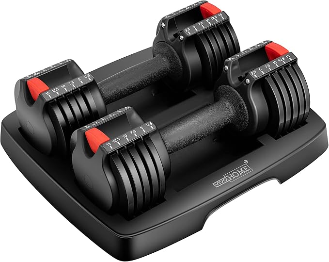 VIVOHOME 2.5 lbs to 15 lbs Adjustable Weights Dumbbells Set of 2 with Anti-Slip Handle and Tray Multiweight Options Workout Equipment for Men Women Home Gym Office Black