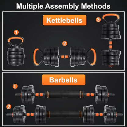 EDOSTORY Adjustable Dumbbell Set, 22/44/66/88lbs Free Weights Dumbbells for Home Gym, 4 in 1 Set, Barbell Set, Dumbbell Set, Kettlebell Set and Push-ups, Non-slip Handles, Fitness for Men Women