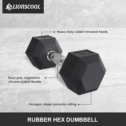 LIONSCOOL Rubber Encased Hex Dumbbells in Pairs or Single, Hand Dumbbell Weight with Metal Handle for Strength Training, Resistance Training, Build Muscle and Full Body Workout, 5-65lbs