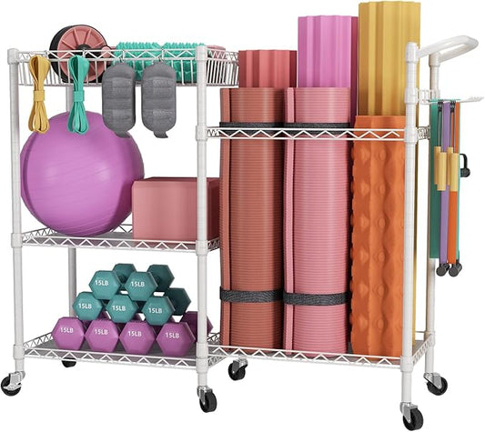 SINGAYE Dumbbell Rack, Balls Workout Equipment Storage Organizer Yoga Mat with Hooks basketball holder weight and Wheels for Organizing Workout Room, Home Gym Storage Black